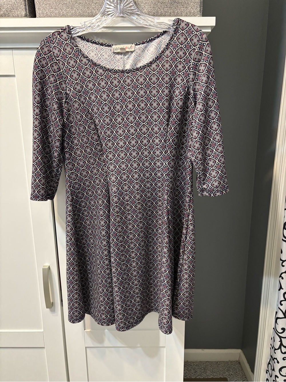So Rad Navy & Purple Geometric Diamond Print 3/4-Sleeve Fit & Flare Mini Dress L